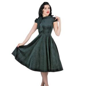 Hearts & Roses Desirable Green Velvet Flocked Tea Dress 12 Retro Pinup Goth H&R